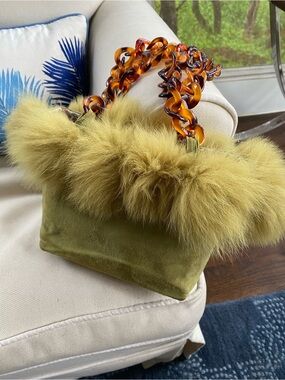 VINTAGE Green Suede Leather Fur PomPom Shoulder Bag with Tortoiseshell Chain!